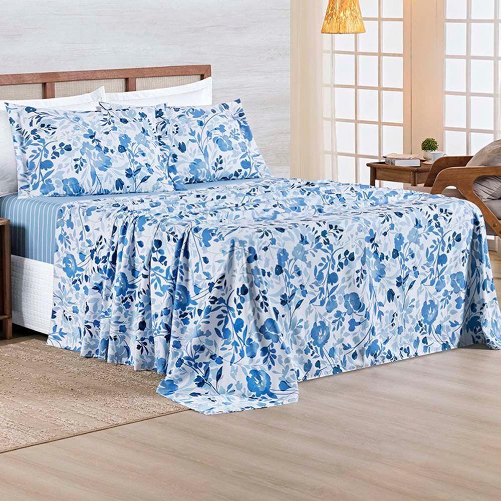 Jogo De Lençol Benim Casal 4 Peças Micropercal 400 Fios Estampado - Loli Azul Floral - 100% Poliéster - 2