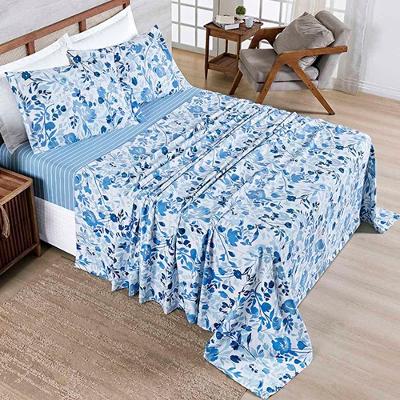 Jogo De Lençol Benim Casal 4 Peças Micropercal 400 Fios Estampado - Loli Azul Floral - 100% Poliéster