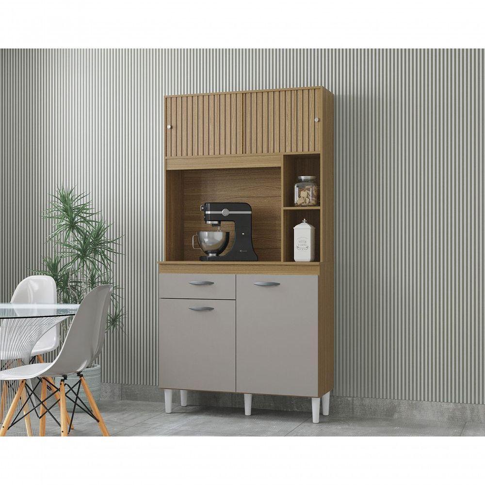 Cozinha Compacta Armário Organizador Duda 90cm Com Gaveta Damasco/ripado Offwhite - 1