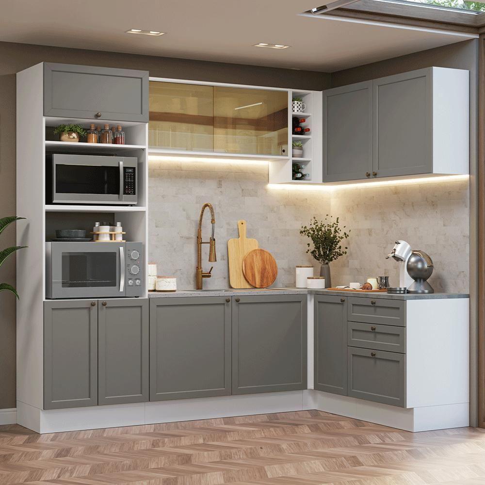 Armário De Cozinha Completa De Canto 399 Cm Branco/cinza Vik Madesa 02 Branco/cinza - 1
