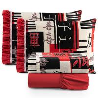 Jogo Cama Lençol Fiore King Estampado 180 Fios 100% Algodão Com Babadinho 4 Peças Vermelho Oriental Japonês - 1
