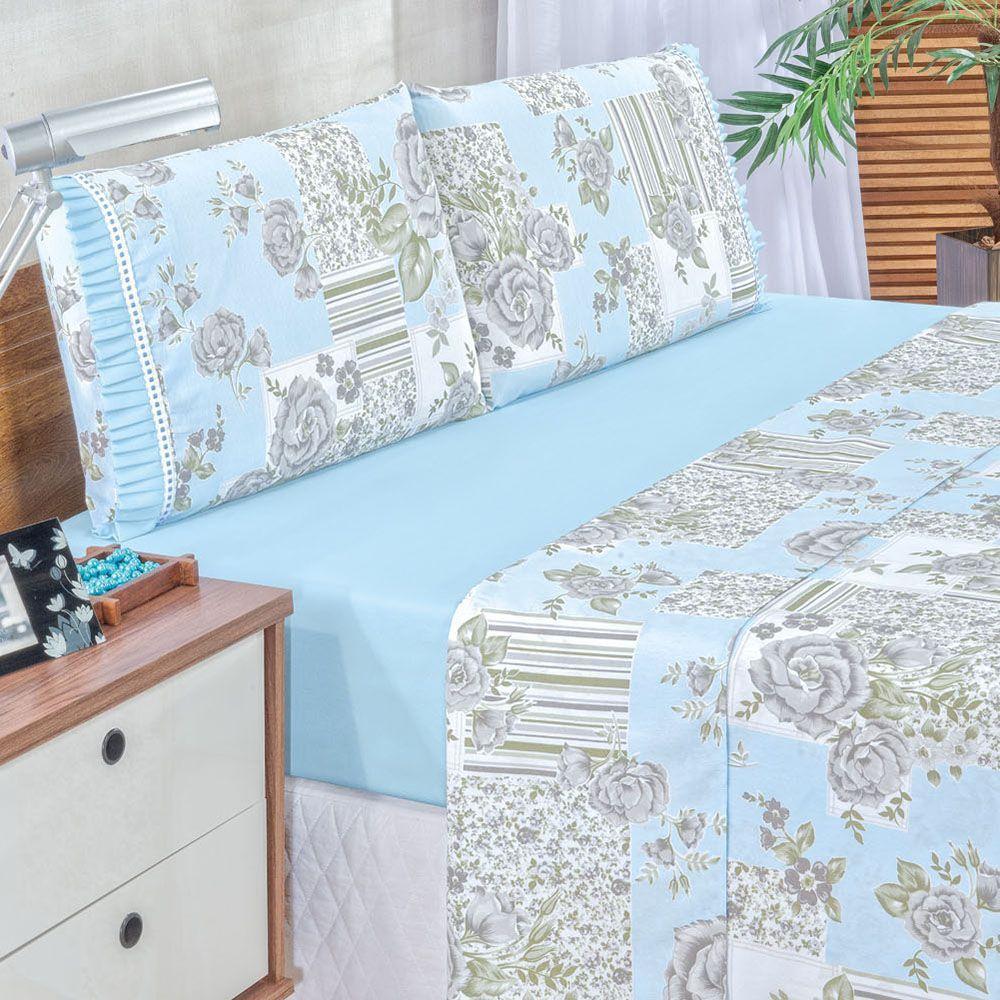 Jogo Cama Lençol Fiore Casal Padrão Estampado 180 Fios 100% Algodão Com Babadinho 4 Peças Azul Floral - 2