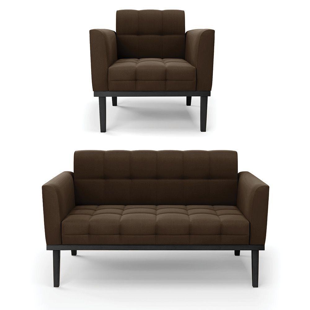 Conjunto Poltrona E Namoradeira Decorativa Pés Fixo Em Madeira Preto Suede Marrom 19 - 7