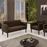 Conjunto Poltrona E Namoradeira Decorativa Pés Fixo Em Madeira Preto Suede Marrom 19 - 1