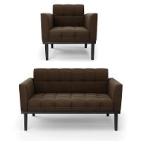 Conjunto Poltrona E Namoradeira Decorativa Pés Fixo Em Madeira Preto Suede Marrom 19 - 7