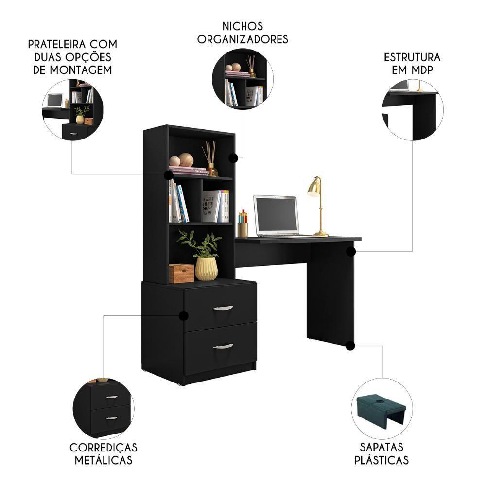 Mesa Escrivaninha Com Estante Livreiro 138cm Jay Preto Z49 - Mpozenato - 3