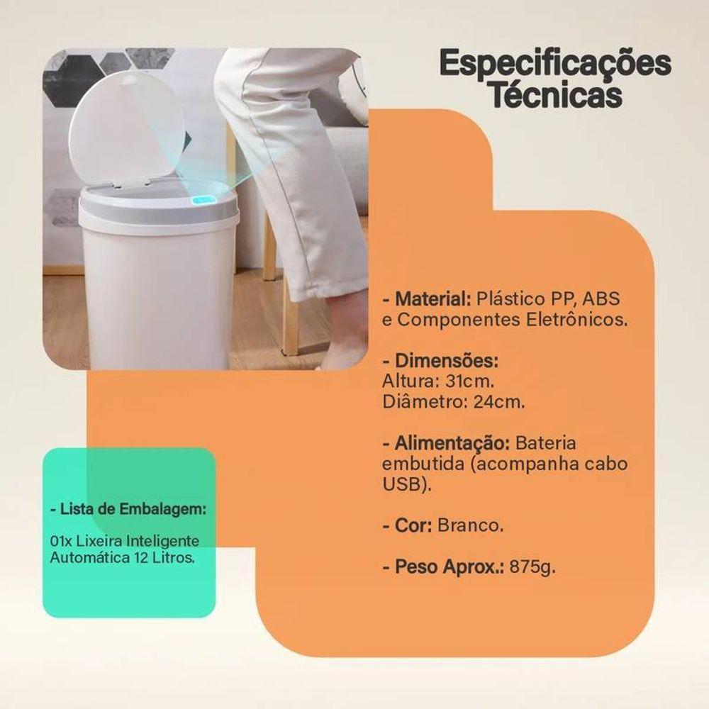 Lixeira Inteligente Touch Branca Automática Redonda 12 Lts - 3