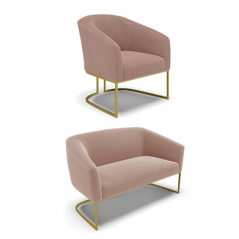 Sofá Namoradeira E Poltrona Industrial Dourado Stella Bouclê D03 - DRossi Rose - 1