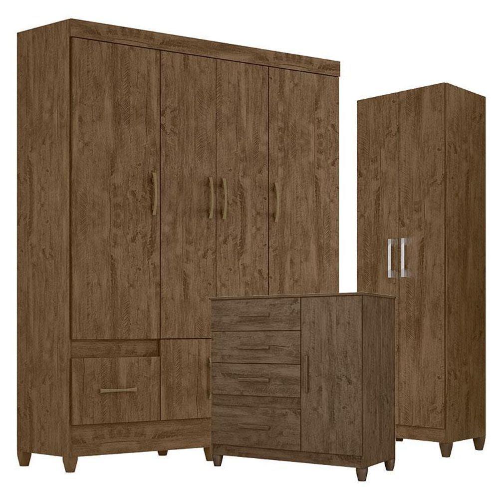 Guarda Roupa Casal Ms912 Com Cômoda Vênus Com Pés E Armário Multiuso New íris Castanho Wood - Moval - 1