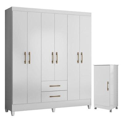 Guarda Roupa Casal Panamá E Armário Multiuso Lírio Branco Brilho - Moval