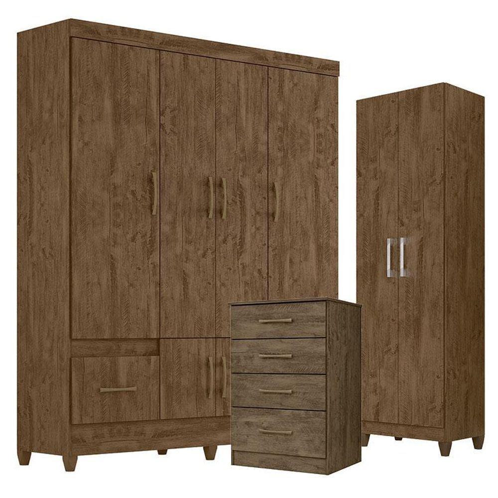 Guarda Roupa Casal Ms912 Com Cômoda Ms913 E Armário Multiuso New íris Castanho Wood - Moval - 1