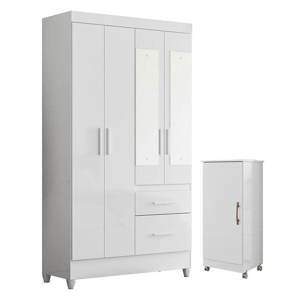 Guarda Roupa Solteiro Madri Com Espelho E Armário Multiuso Lírio Branco Brilho - Moval - 1
