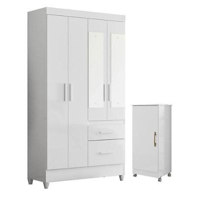 Guarda Roupa Solteiro Madri Com Espelho E Armário Multiuso Lírio Branco Brilho - Moval