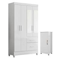 Guarda Roupa Solteiro Madri Com Espelho E Armário Multiuso Lírio Branco Brilho - Moval - 1