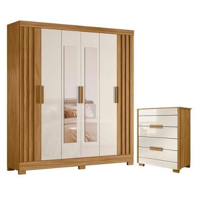 Guarda Roupa Casal com Cômoda Valença 6 Portas Giratórias 6 Gavetas MDP Freijó Off White Brilho