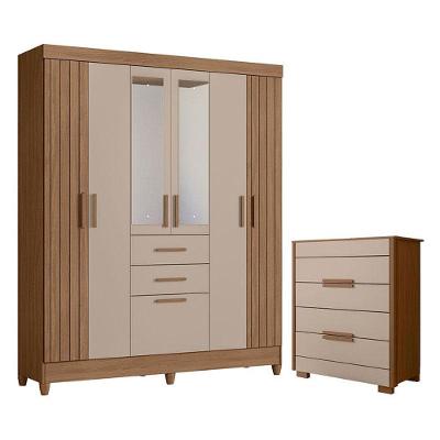 Guarda Roupa Solteiro com Cômoda Malta 7 Portas 2 Gavetas MDP Carvalho Fendi Fosco