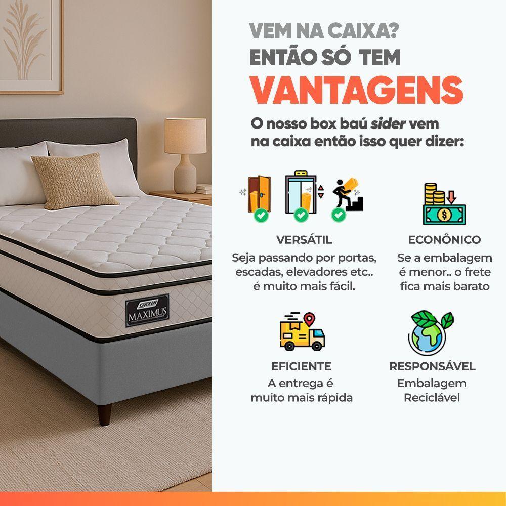 Cama Box Baú Lateral Queen Gazin Colchão Com Molas Ensacadas 158x198x68cm Maximus Branco / Cinza - 9