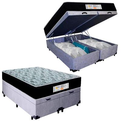 Cama Box Baú Queen Bipartido Suede + Colchão Molas Ensacadas Sereneprime Sonnolux 158x198x69 Cinza