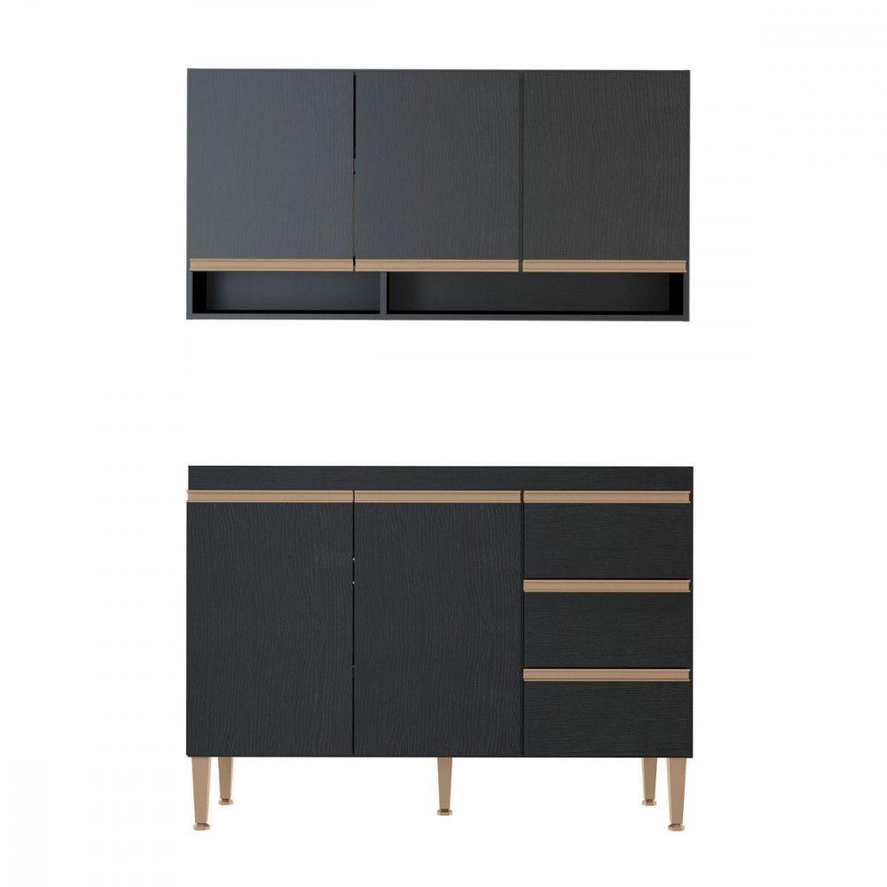 Kit Balcão Pia Para Cozinha Com Armário Aéreo 120x52cm Preto Preto - 1