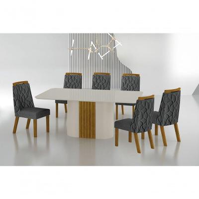Conjunto Sala De Jantar Mesa Com Vidro 180cm Com 6 Cadeiras Pé Mdf Dacota Off White Freijó-off White-linho Chumbo