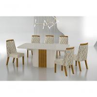 Conjunto Sala De Jantar Mesa Com Vidro 180cm Com 6 Cadeiras Pé Mdf Dacota Off White Freijó-off White-joli Palha - 1