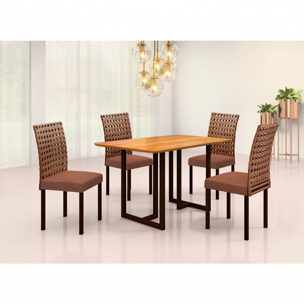 Conjunto Lisboa Com 4 Cadeiras E Base Goiás Bm Tubulares Cinamomo-ratan Chocolate-linho 307 - 6