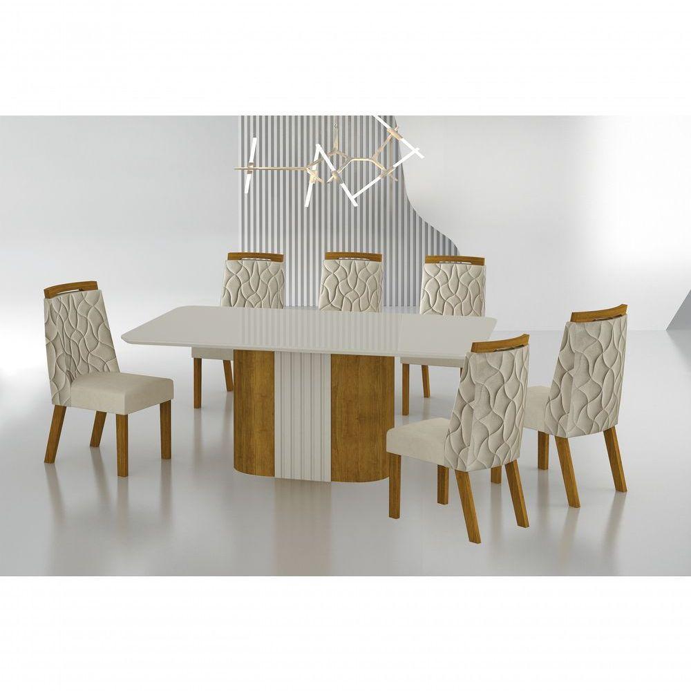 Conjunto Sala De Jantar Mesa Com Vidro 180cm Com 6 Cadeiras Pé Mdf Dacota Freijó Off White-off White-joli Palha - 1