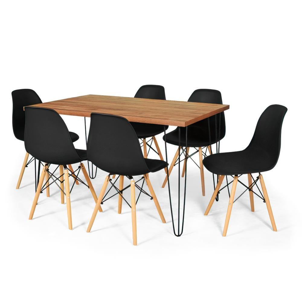 Conjunto Mesa De Jantar Hairpin 130x80 Natural Com 6 Cadeiras Eames Eiffel - Preto - 1