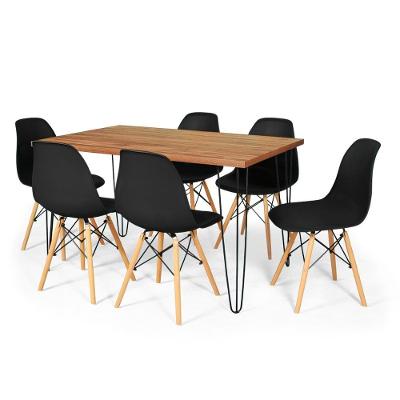 Conjunto Mesa De Jantar Hairpin 130x80 Natural Com 6 Cadeiras Eames Eiffel - Preto