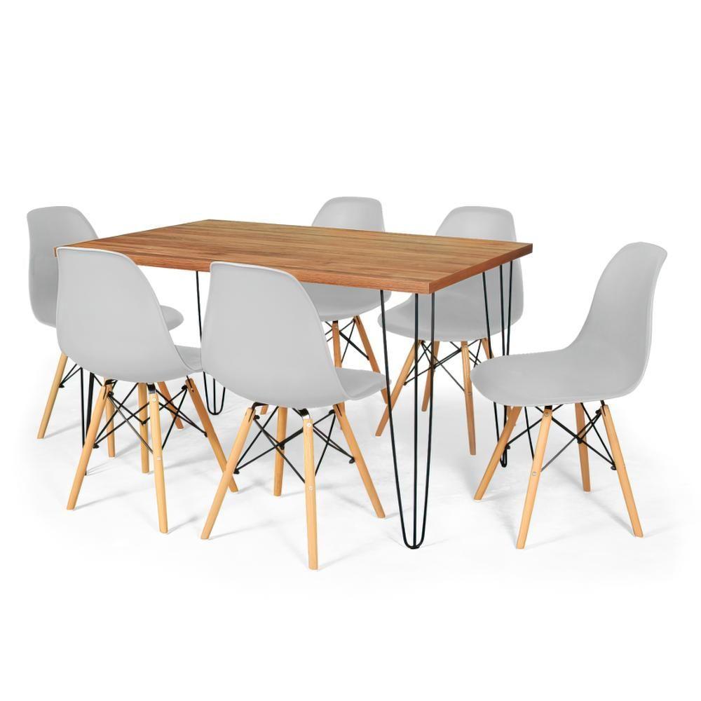 Conjunto Mesa De Jantar Hairpin 130x80 Natural Com 6 Cadeiras Eames Eiffel - Cinza - 1