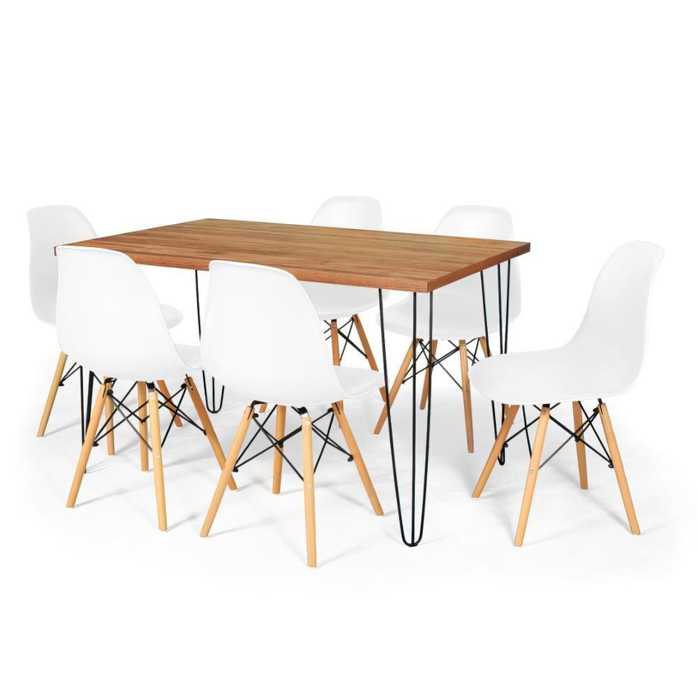 Conjunto Mesa De Jantar Hairpin 130x80 Natural Com 6 Cadeiras Eames Eiffel - Branco - 1