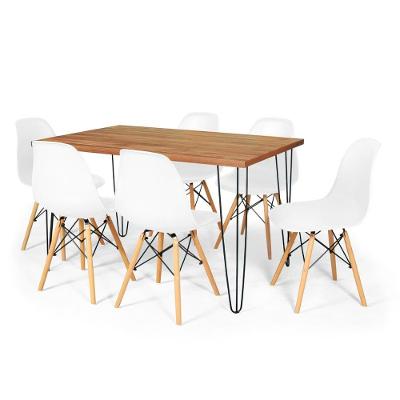 Conjunto Mesa De Jantar Hairpin 130x80 Natural Com 6 Cadeiras Eames Eiffel - Branco