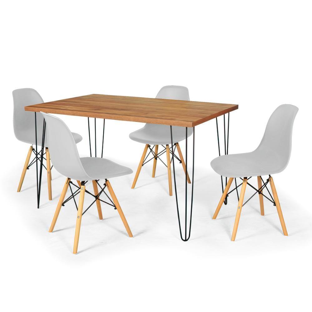 Conjunto Mesa De Jantar Hairpin 130x80 Natural Com 4 Cadeiras Eames Eiffel - Cinza - 1