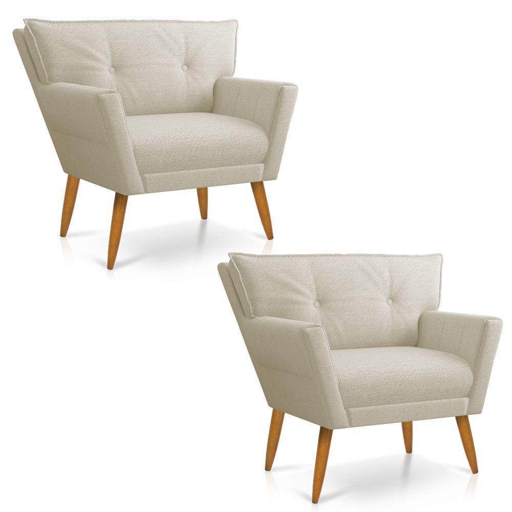 Kit 02 Poltronas Anitta Linho Pés Palito Castanho Cor A19 Grosso Bege - 1