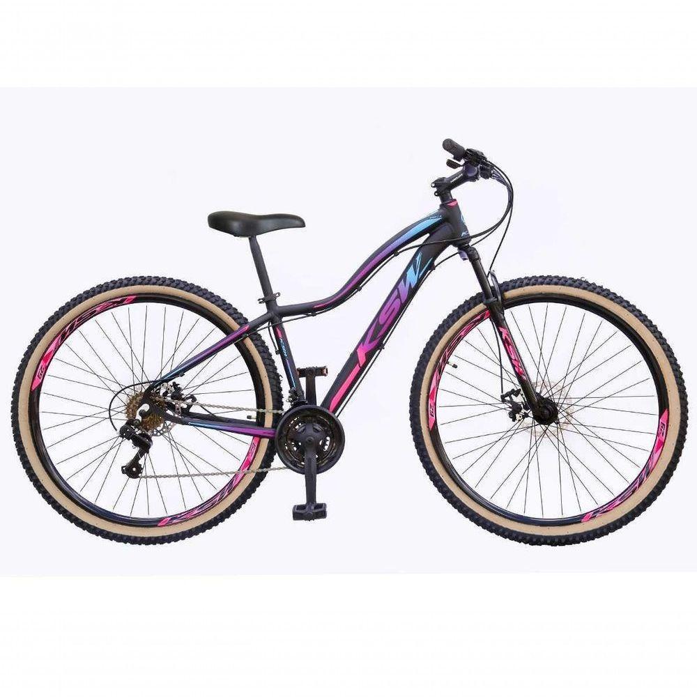 Bicicleta Feminina Aro 29 Ksw Mwza Alumínio 24v Freio A Disco Garfo Suspensão Pneu C/faixa Cor:preto/pink/azul;tam:15 - 1
