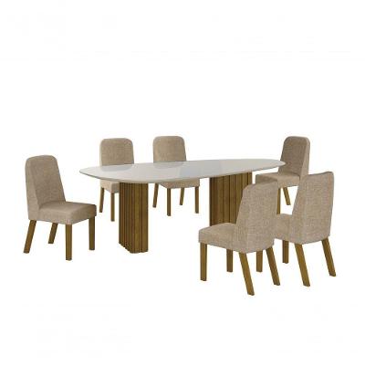 Conjunto Sala De Jantar Mesa Orgânica Com Vidro 180cm Com 6 Cadeiras Pé Madeira Isis Freijó-off White-linho Palha