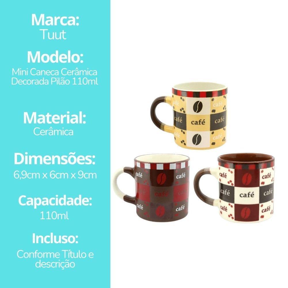 Conjunto 3 Mini Canecas Cerâmica Decorada Pilão 110ml Para Café - Tuut - 6