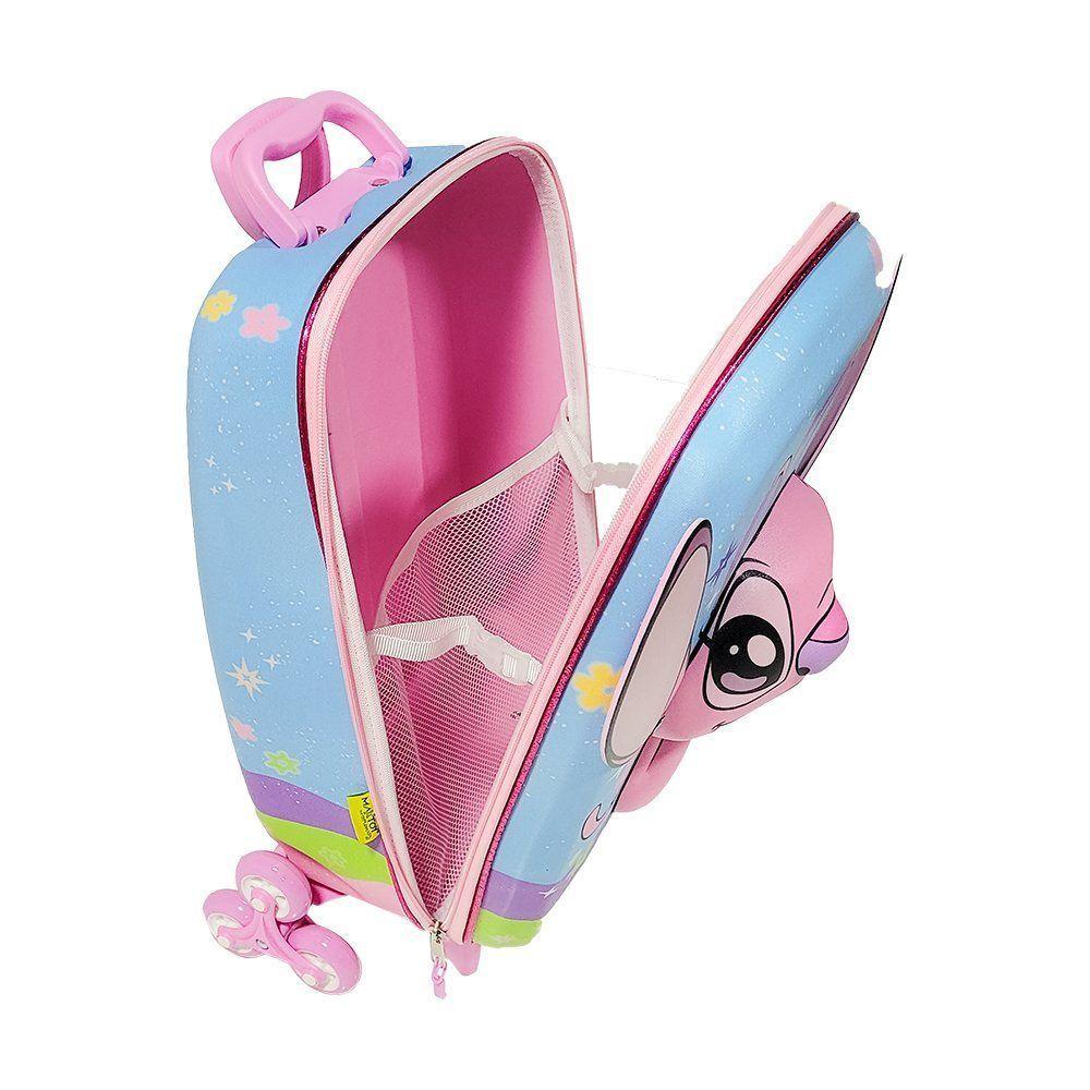 Mala Infantil Escolar Menina Mochila Angel Stitch 3d Rodinhas Triplas Puxador Retrátil Azul Bebê - 5