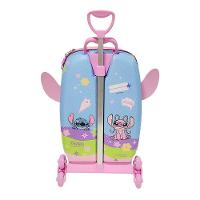 Mala Infantil Escolar Menina Mochila Angel Stitch 3d Rodinhas Triplas Puxador Retrátil Azul Bebê - 3