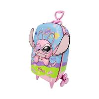 Mala Infantil Escolar Menina Mochila Angel Stitch 3d Rodinhas Triplas Puxador Retrátil Azul Bebê