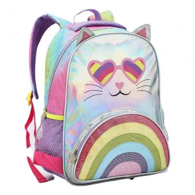 Mochila Costas Infantil Escolar Feminina Gatinho Orelinha Menina Arco íris Rainbown Colorido