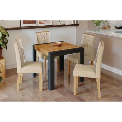 Conjunto Mesa Sala Jantar Grace Tampo Madeirado 90x90cm E 4 Cadeiras Nicole Nature Suede Nude Bege Cimol