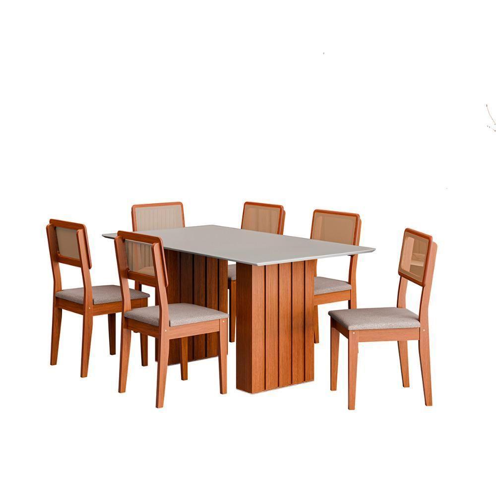 Kit Mesa Jantar Santiago 160 Com Tampo De Vidro E 6 Cadeiras Cinamomo/branco/nevoa Boucle - 1
