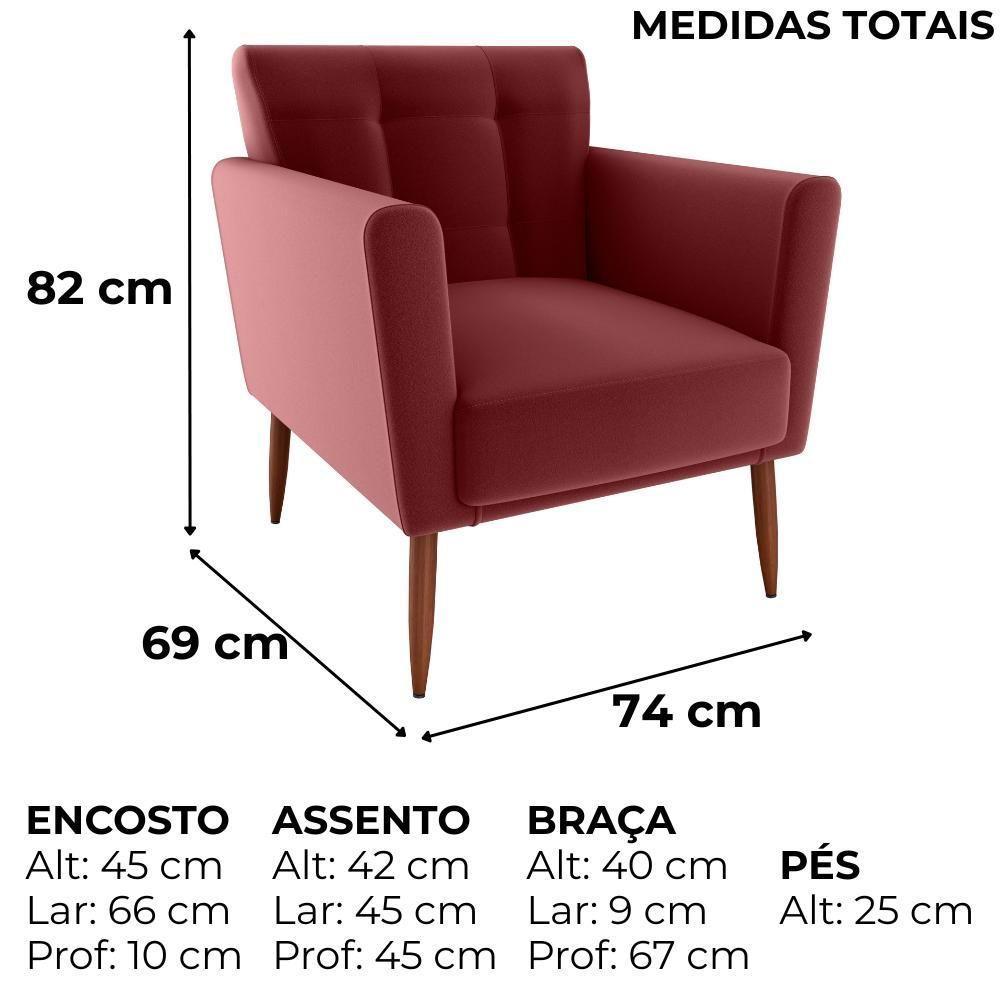 Poltrona Decorativa Pes Palito Cancun Veludo E432 Milani Store Vermelho - 3