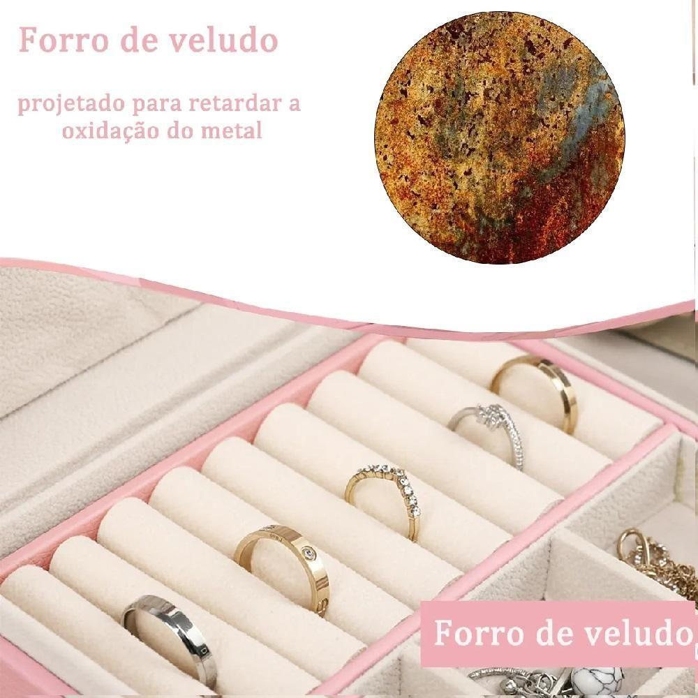 Maleta Porta Joias Organizador Com Gaveta 2 Andares Para Brincos Aneis Pulseiras Relogio Viagem Rosa - 4