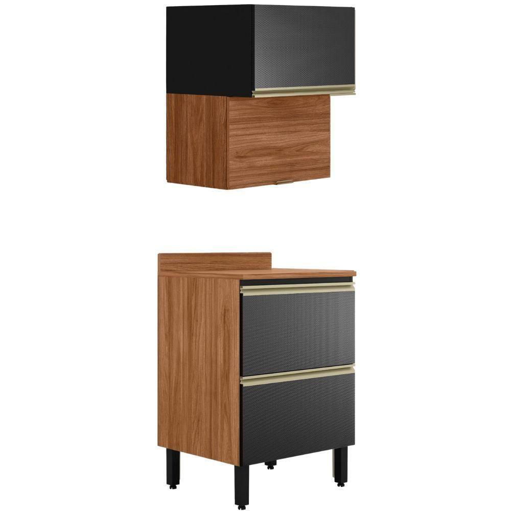 Balcao Com Tampo E Armario Aereo 60 Cm Mdf Proenca Nogueira Carbono Prime Demartez Nogueira Carbono Prime - 1