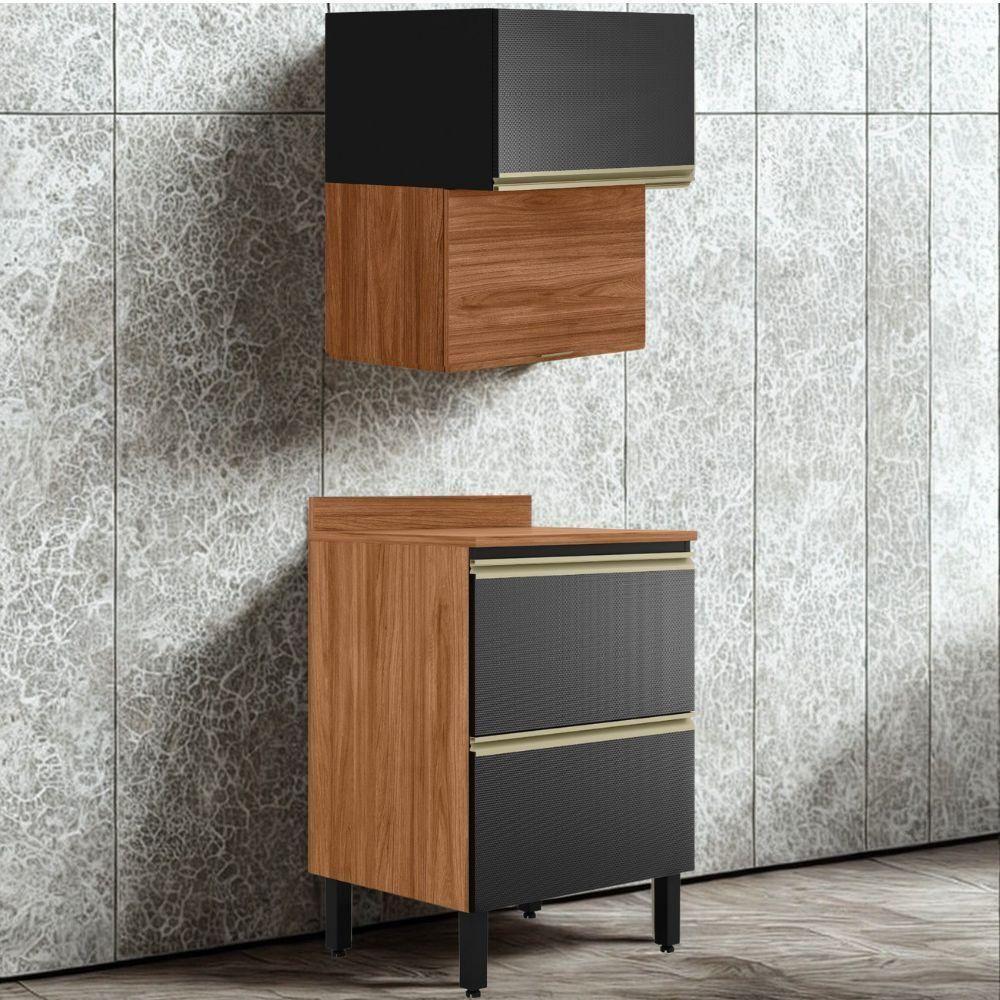 Balcao Com Tampo E Armario Aereo 60 Cm Mdf Proenca Nogueira Carbono Prime Demartez Nogueira Carbono Prime - 2