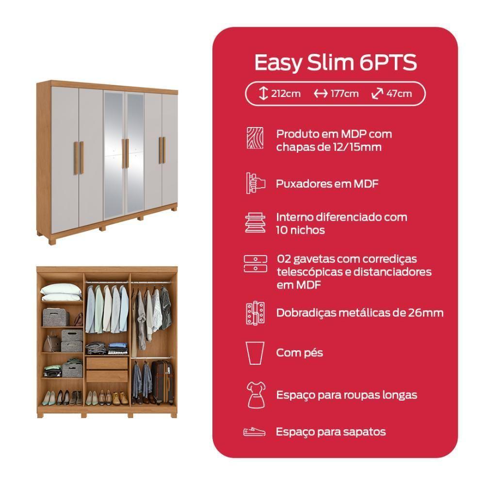 Guarda Roupa Casal 6 Portas Easy Slim Com Espelho E Pés Amendoa/off White - 6