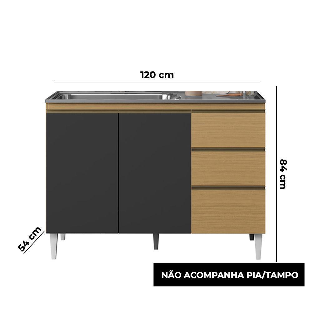 Balcão Cozinha Com Tampo 120cm 3 Portas Paolla A09 - D'rossi Atacama E Grafite - 3