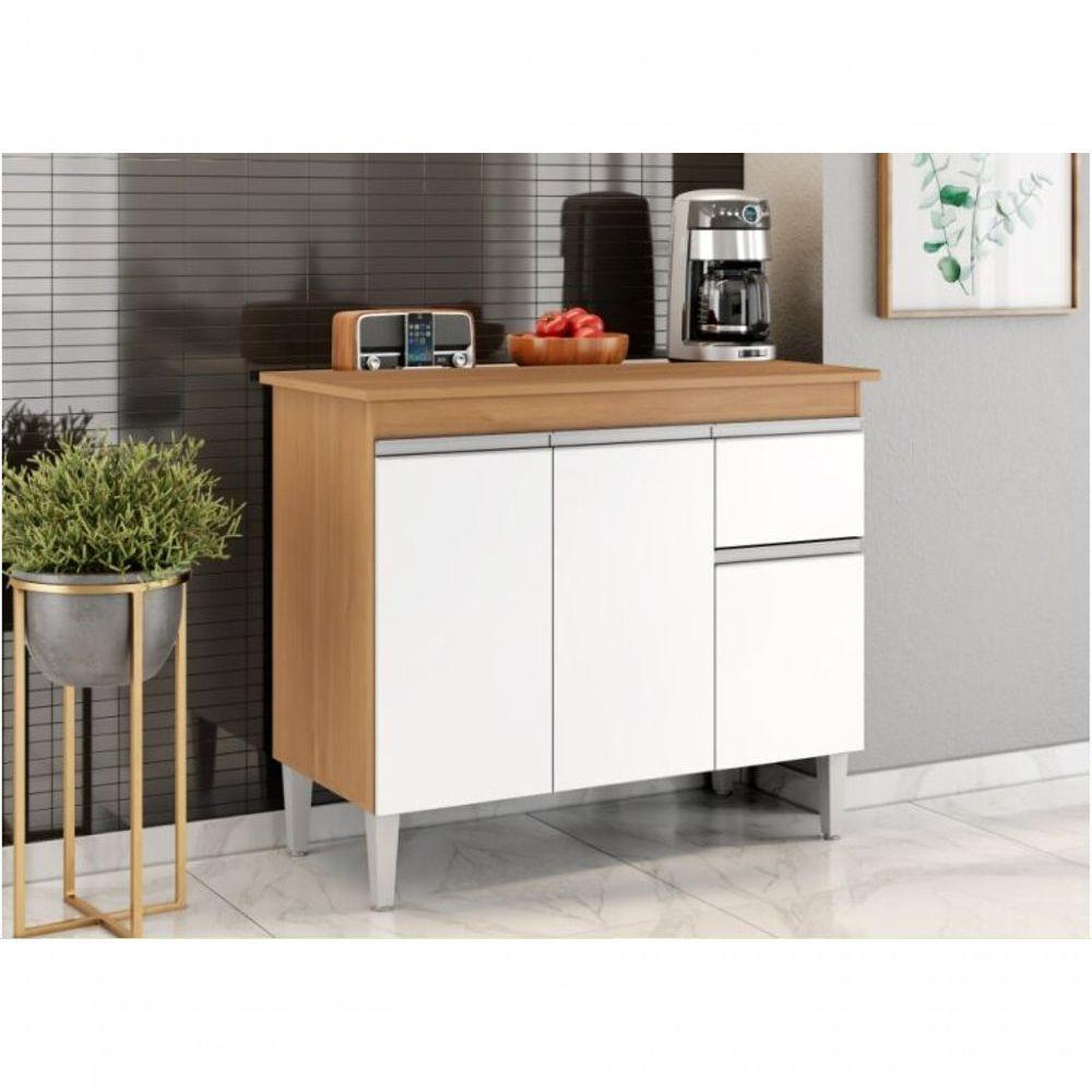 Multiuso Gabinete Balcão Tatiane 100cm 3 Portas E 1 Gaveta S/tampo Amendoa / Branco - Ajl Móveis - 2